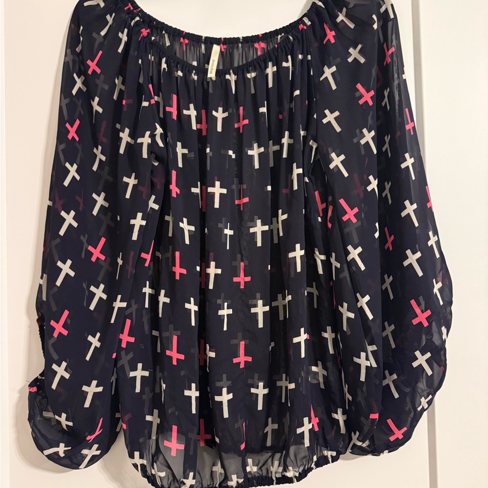 Emma Rose Navy Sheer Blouse with Cross Pattern